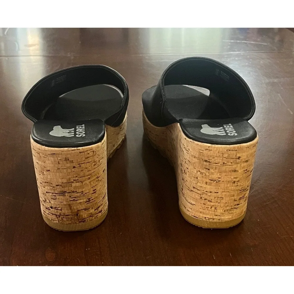 Sorel Cameron Flatform Wedge Mules Black Leather Cork Sandals NL4643-011 Size 12